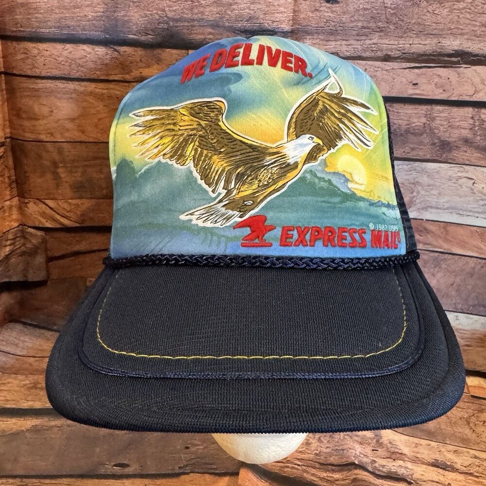 Vtg 1987 USPS Express Mail We Deliver Eagle Trucker Hat Crownco Mesh Snapback